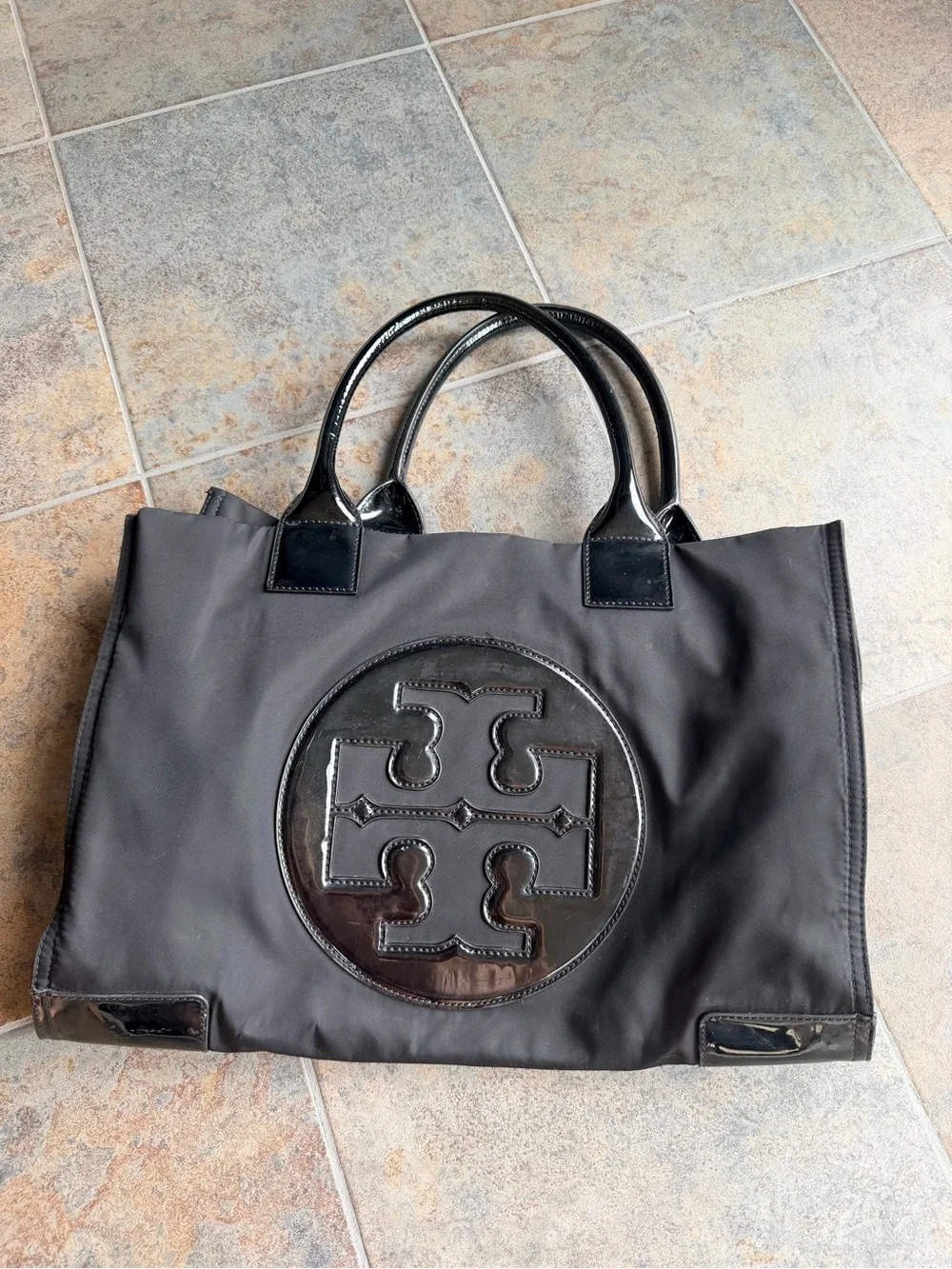 Tory Burch Black Nylon Ella Tote Bag with Patent Leather Logo